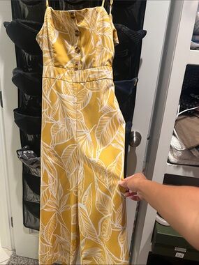 Yellow open back White Leaf-Print Jumpsuit